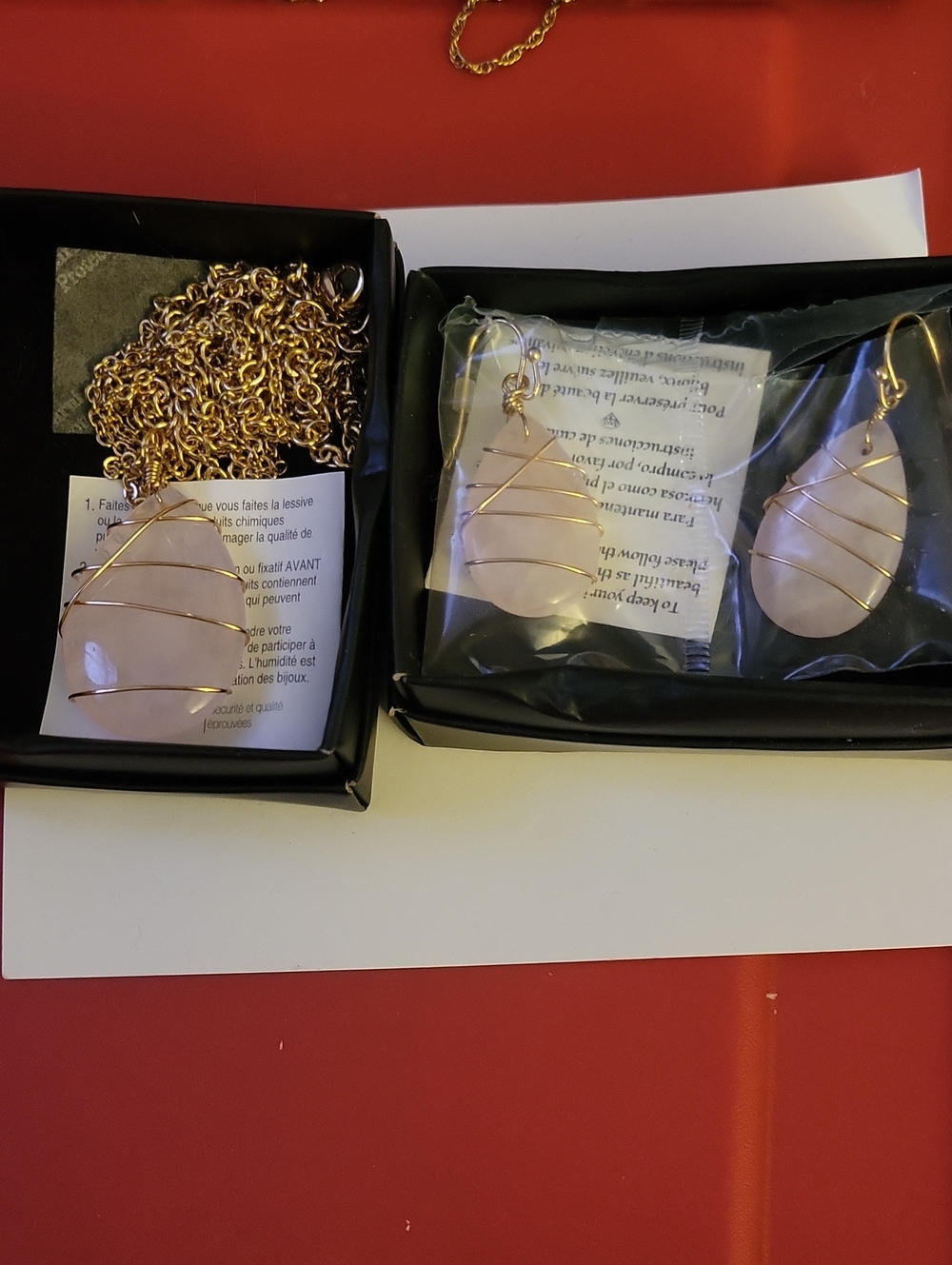 Rose Quartz Wrapped Pendant Necklace and Earrings Set - Gold Wire